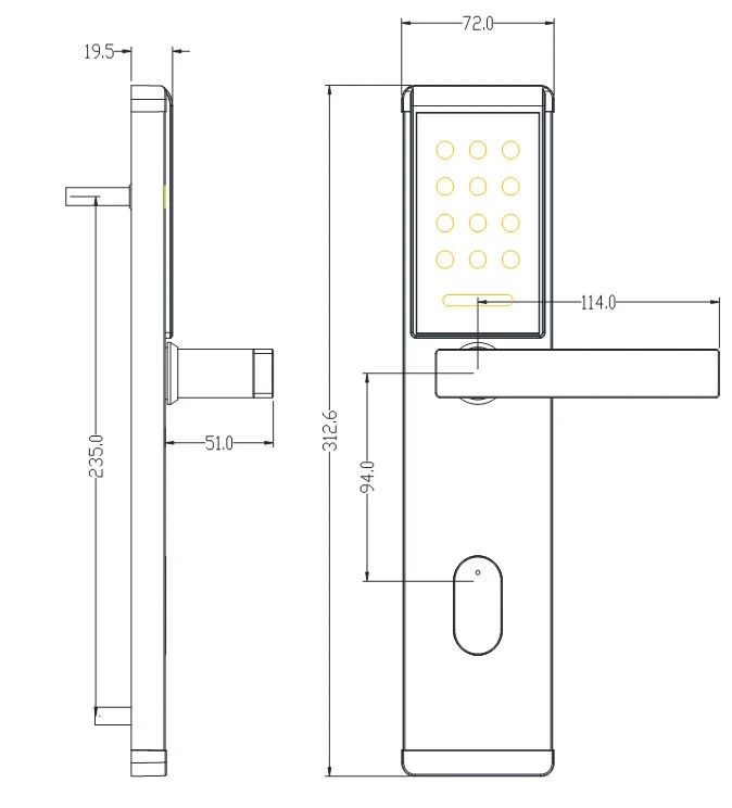 2031Password TTLock Security Door Keypad Lock Dimensions