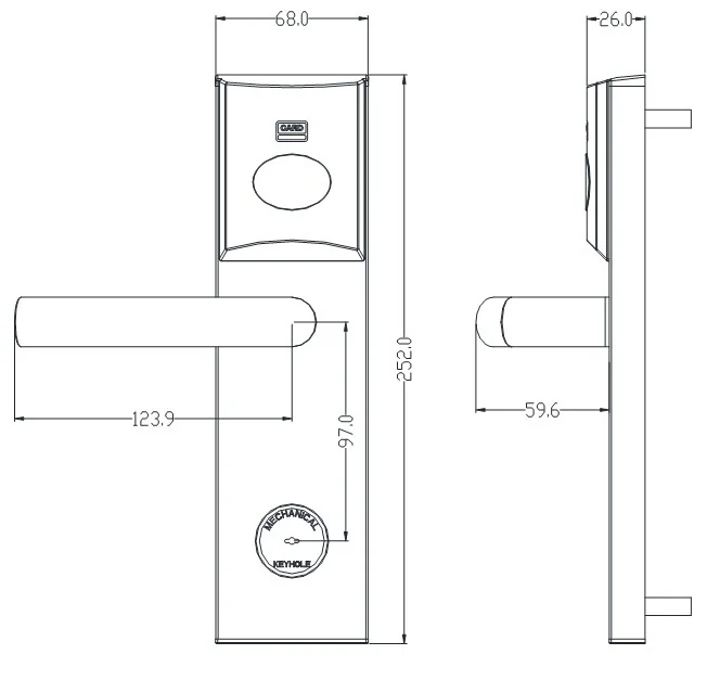 2036E S S1 Gunmetal Hotel RFID Lock Dimensions