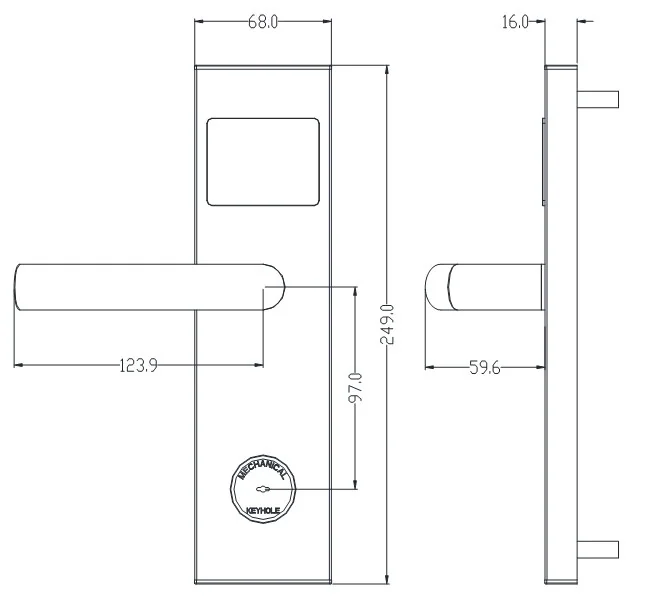 2036E S S1 Y Stainless Steel RFID Hotel Lock Dimensions