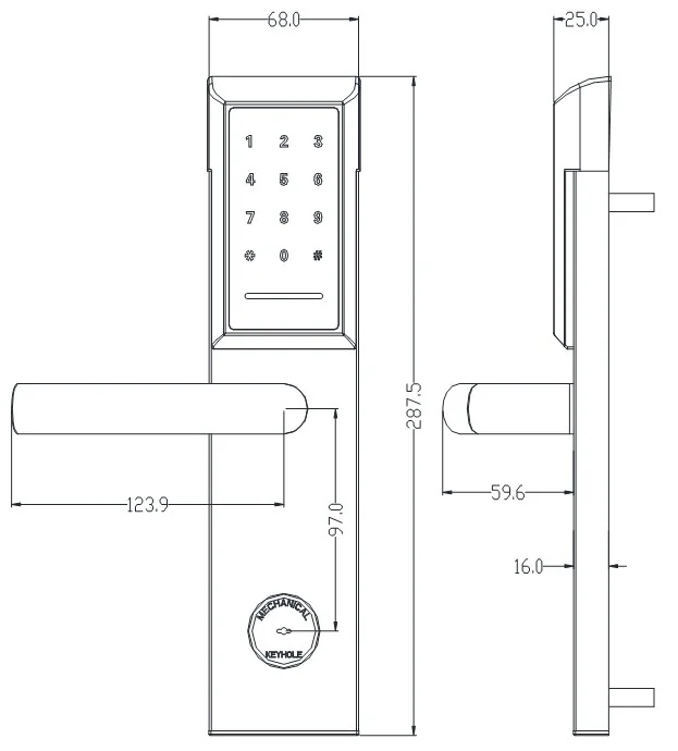 2036E S2 Y Stainless RFID Hotel Lock Dimensions