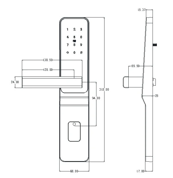 2063Password TTLock Security Door Keypad Lock Dimensions