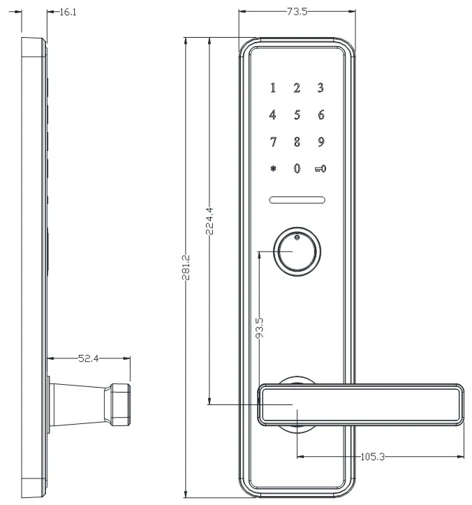 618Password TTLock Hotel Keypad Lock 2 Dimensions