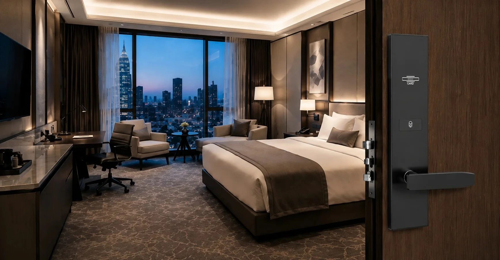 Hotel RFID card smart lock installed on a guest-room door overlooking a luxury suite