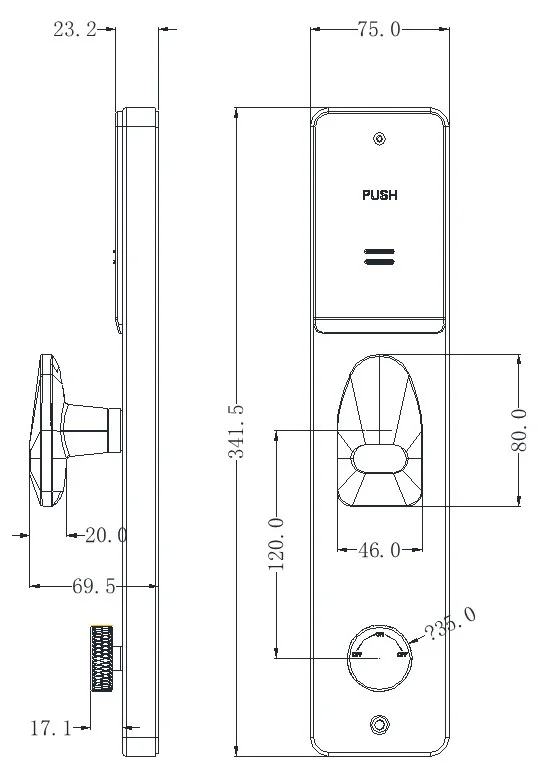 RX 2067 L RFID Security Door Smart Lock Dimensions