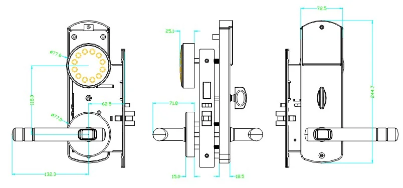 Split02 Gunmetal RFID Hotel Lock Dimensions
