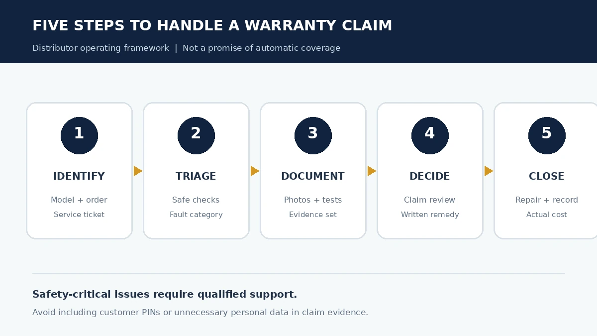 Five-stage distributor claim-handling process from identification to closure