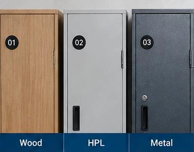 Wood HPL and metal locker material examples
